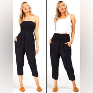 Prana. Tomomi 2 in 1 Smocked Crinkle Gauze Pant/Jumpsuit. Black. Size Large.